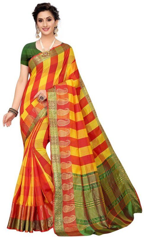 Bollywood Cotton Blend Saree  (Red, Yellow)
