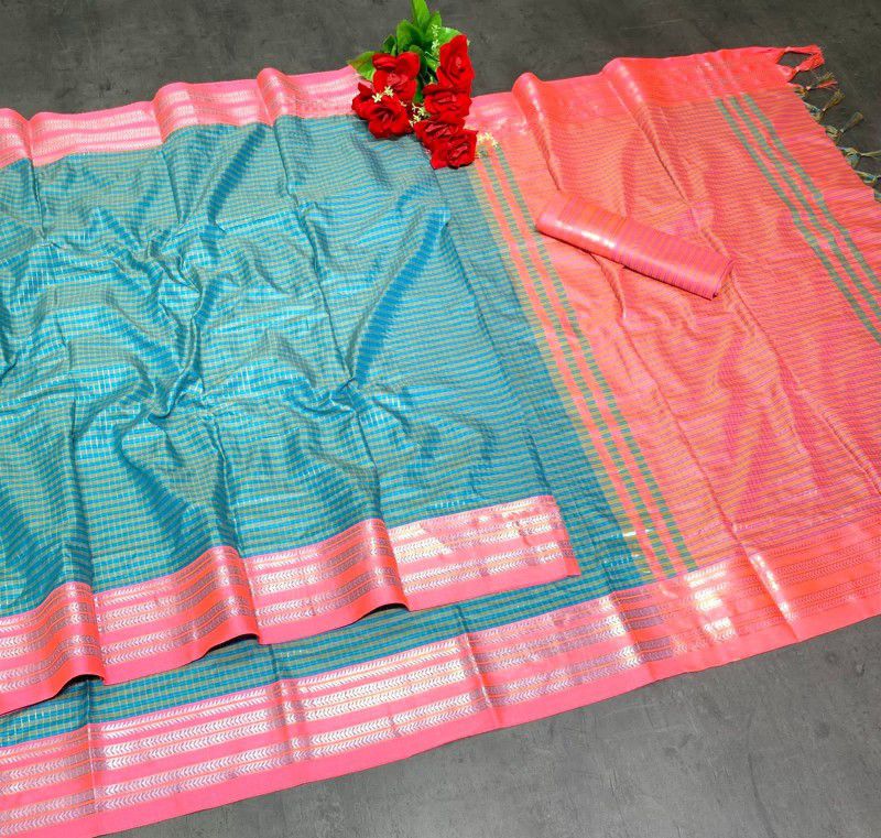Checkered Bollywood Cotton Silk Saree  (Light Blue, Pink)