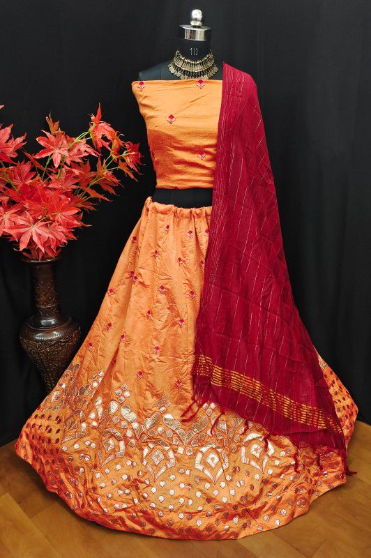 Embroidered Stitched Lehenga Choli  (Orange)