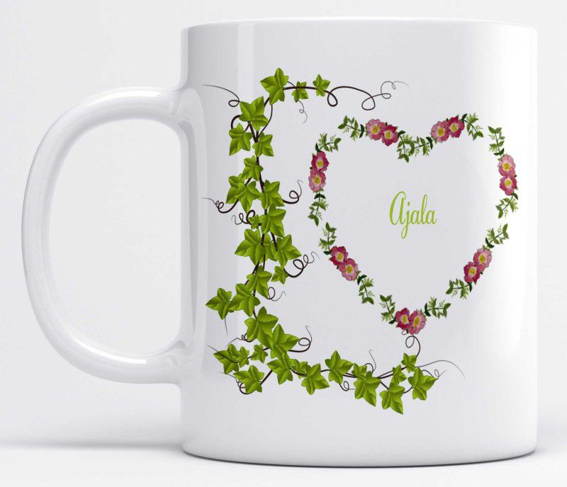 Name Ajala Printed Green Leaves And Heart Design Ceramic Coffee Mug  (350 ml)
