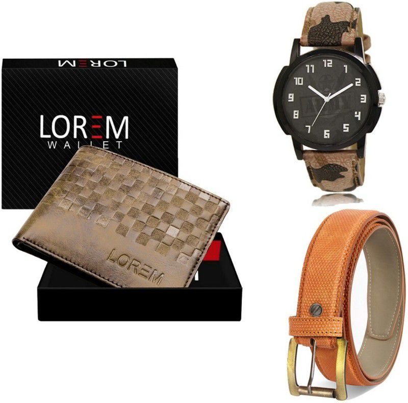LOREM Belt, Wallet & Watch Combo  (Brown, Orange, Multicolor)