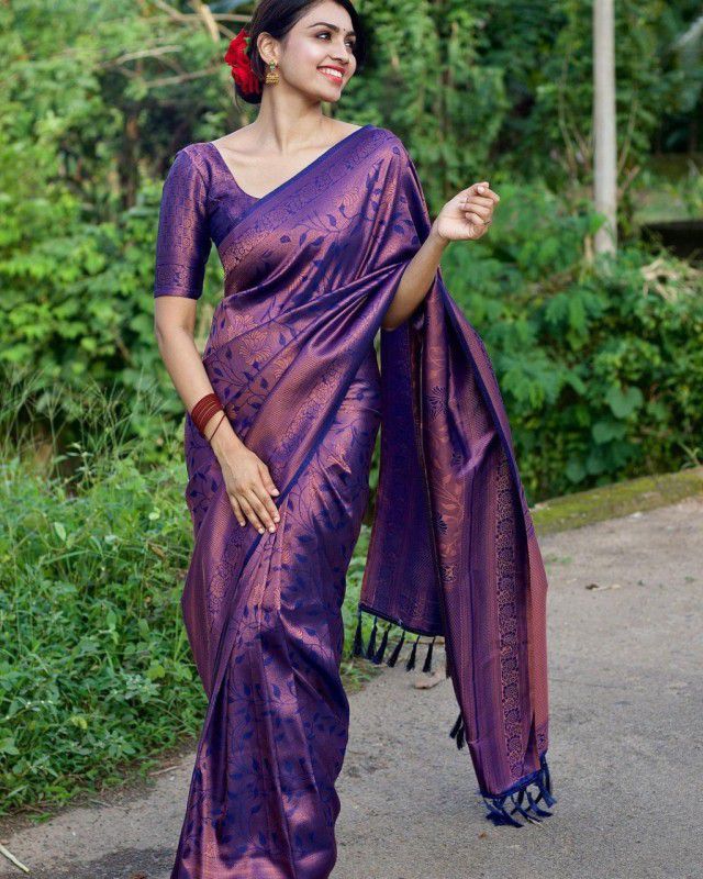Woven, Embellished, Solid/Plain Banarasi Jacquard Saree  (Purple)