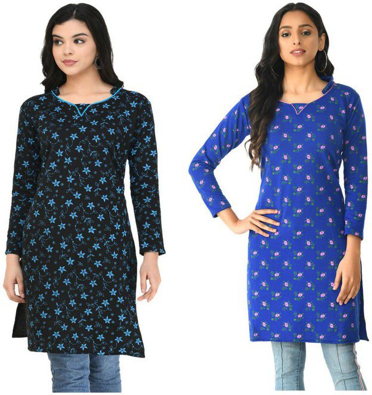 Pack of 2 Women Floral Print Wool Straight Kurta  (Blue, Black)