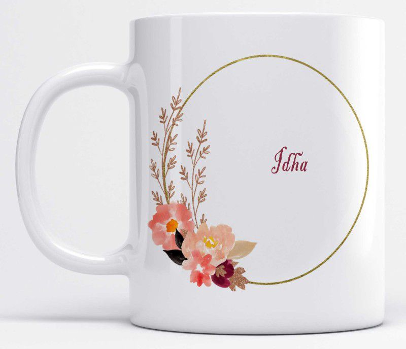 Name Idha Printed Light Pink Flower Design Ceramic Coffee Mug  (350 ml)