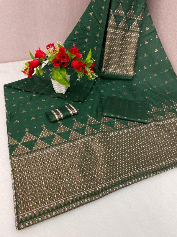 Embellished, Embroidered, Self Design, Woven Mekhela Chador Chanderi, Cotton Silk Saree  (Dark Green, Gold)
