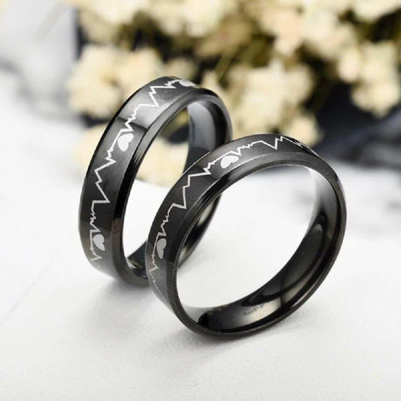 Black Non-Precious Metal Stainless Steel Heart Beat Engraved Couple Rings for Metal Ring Set