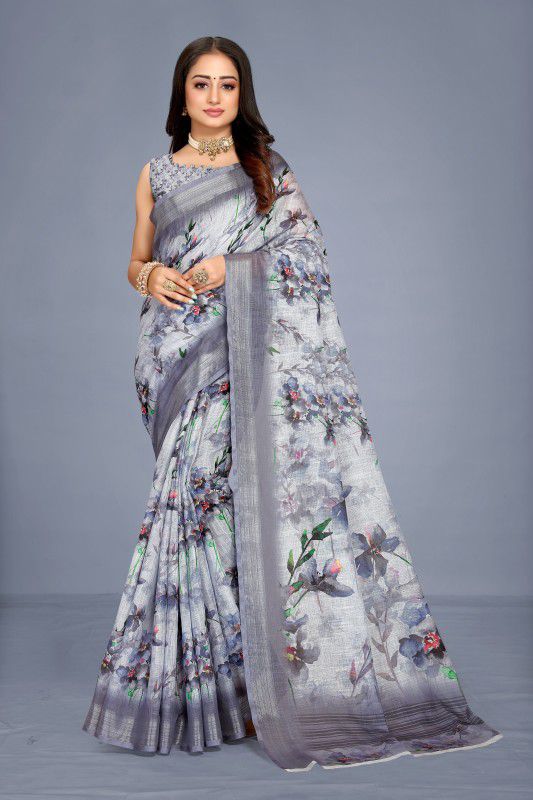 Floral Print Bollywood Linen Saree  (Multicolor, Grey)