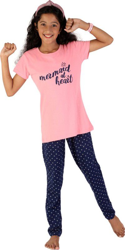 Girls Self Design Pure Cotton Kids Nightwear  (Pink Pack of 1)