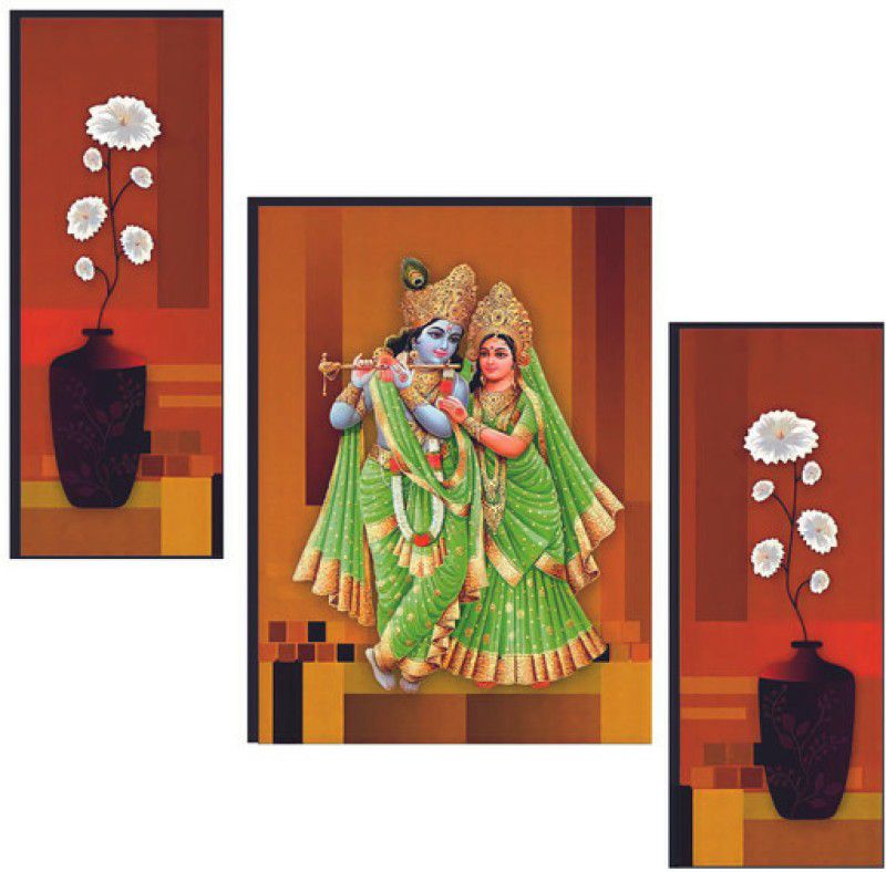 WALLSTOXX Set Of 3 Radha Krishna With Flower Pot MDF 12X18 Inch wall Art Painting Digital Reprint 18 inch x 12 inch Painting  (Without Frame, Pack of 3)