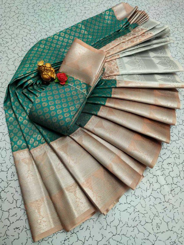 Checkered Kanjivaram Art Silk Saree  (Green)