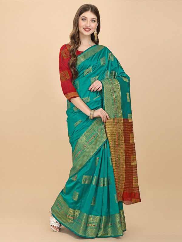 Woven Banarasi Silk Blend, Cotton Blend Saree  (Red, Light Green)