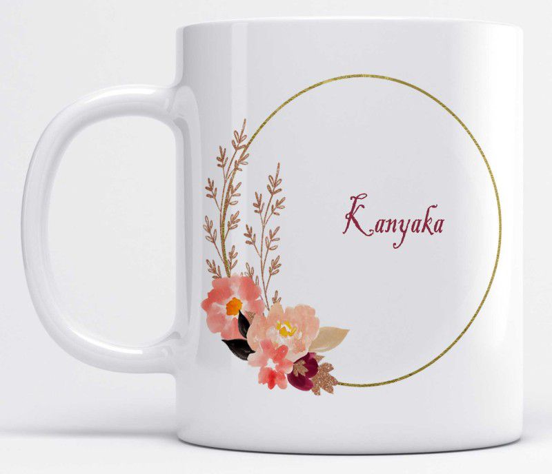 Name Kanyaka Printed Light Pink Flower Design Ceramic Coffee Mug  (350 ml)