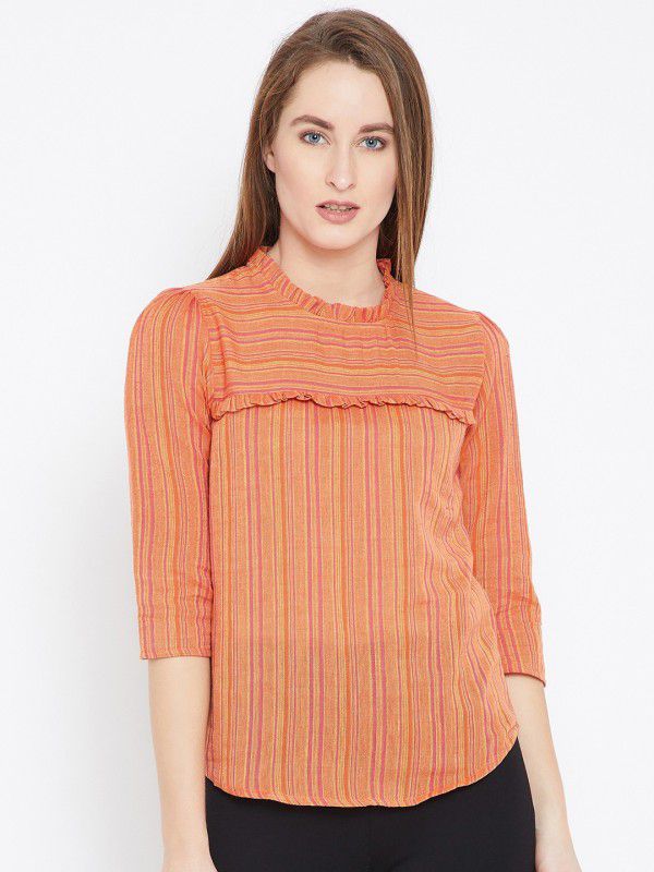 Casual Regular Sleeves Striped Women Orange, Pink Top