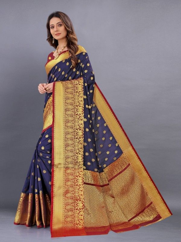 Woven, Solid/Plain Banarasi Jacquard, Pure Silk Saree  (Dark Blue)