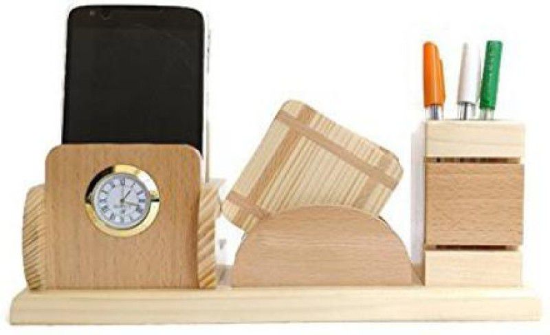 MPH ENTERPRISE 3 Compartments Polished Glossy Wooden Clock Pen Stand / Mobile Stand For Multipurpose Use  (Light Wooden)