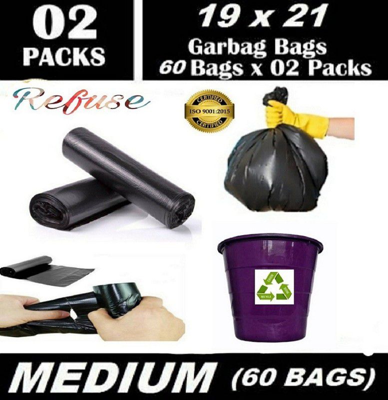 Refuse Biodegradable black Garbage bag, Medium size (19X21), 2Rolls-60Pcs, 15-L Quntity, ( Dustbin/Thrash/Waste bags) for Home, Kitchen, Office use Medium 15 L Garbage Bag  (60Bag )