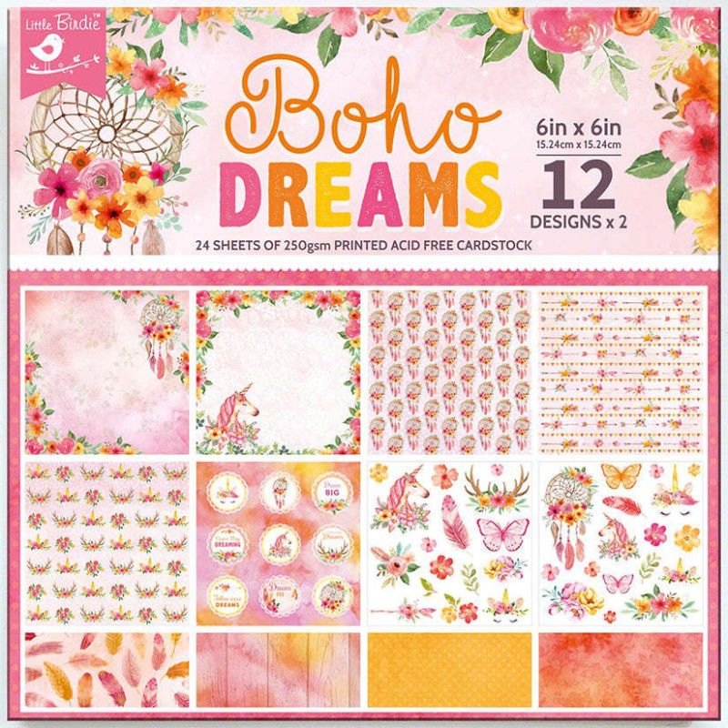 LITTLE BIRDIE Printed Cardstock Pack 6 x 6, 12 Designs, 24 Sheets, 250gsm - Boho Dreams Paper Crafting Tool