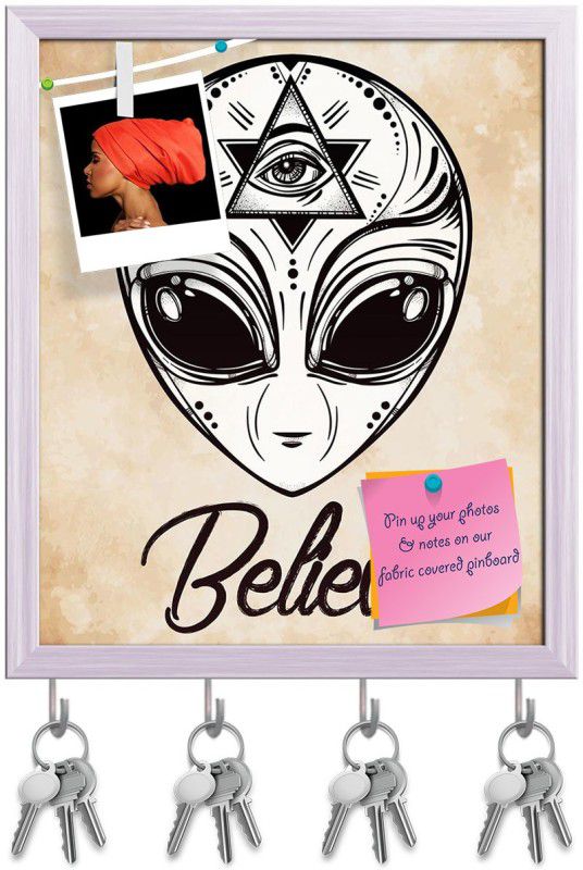 Artzfolio Alien Face Icon Pinboard with Key Holder Hooks White Frame 16x19inch (41x48cms) Cork Bulletin Board  (Multicolor 16 x 19 inch (41 x 48 cms))