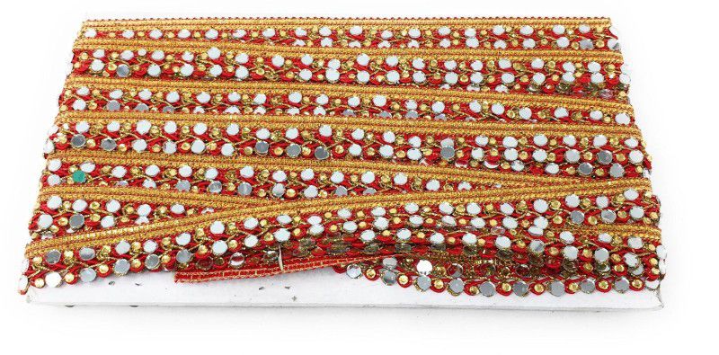 Inhika 9 Meters Lace Border Material, Real Mirror Embroidered, Polyester Fabric (2 cm Wide, Red) for saree dupatta lehenga blouse Lace Reel  (Pack of 1)