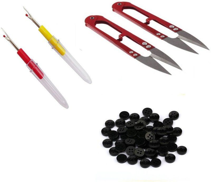 Crafts Haveli 3 Items Combo : 2 Seam Ripper, 20 Black Button, 2 Bobbin & 1 Case Sewing Kit