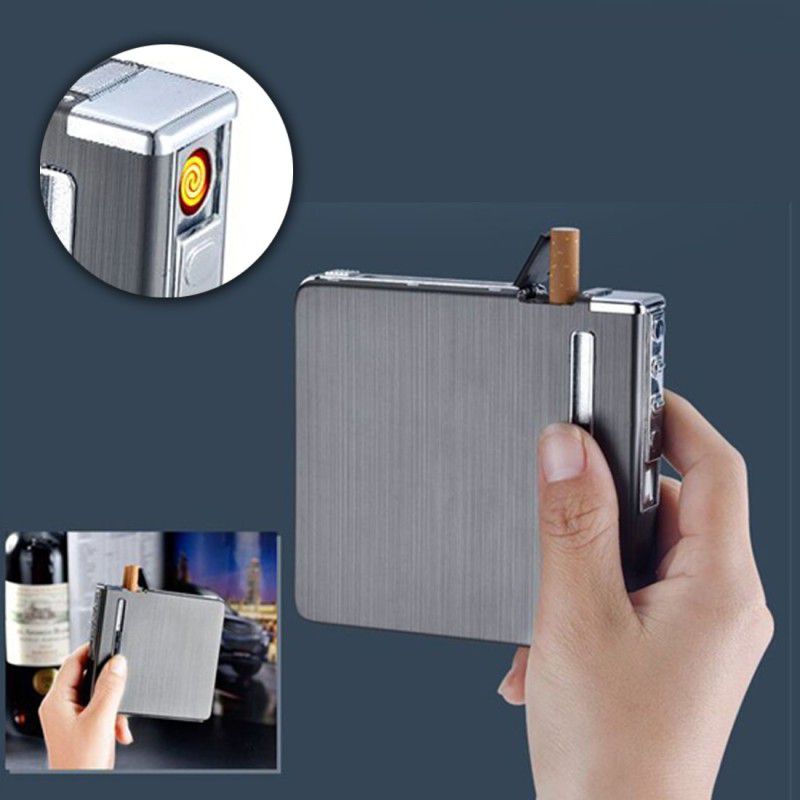 Crokroz 2 in 1 Automatic Ejection Fancy Cigarette Case with Lighter Portable 10pcs Cigarette Case with USB Flame-Less Windproof Electric Cigarette Case Pocket Lighter  (Grey)
