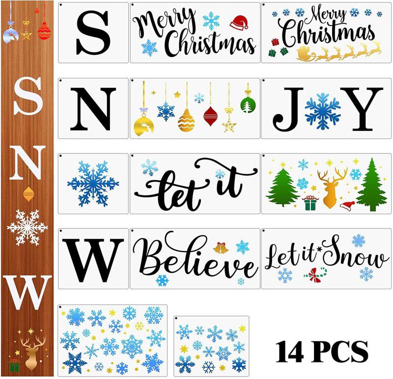 IVANA'S 14 Pieces Snow Stencils Christmas Stencils Snowflake Stencil Merry Christmas Pai nting Stencils Reusable Templates for Painting Wood Wall Art Art & Craft Stencils Stencil  (Pack of 14, Art & Craft Paitning Stencil)