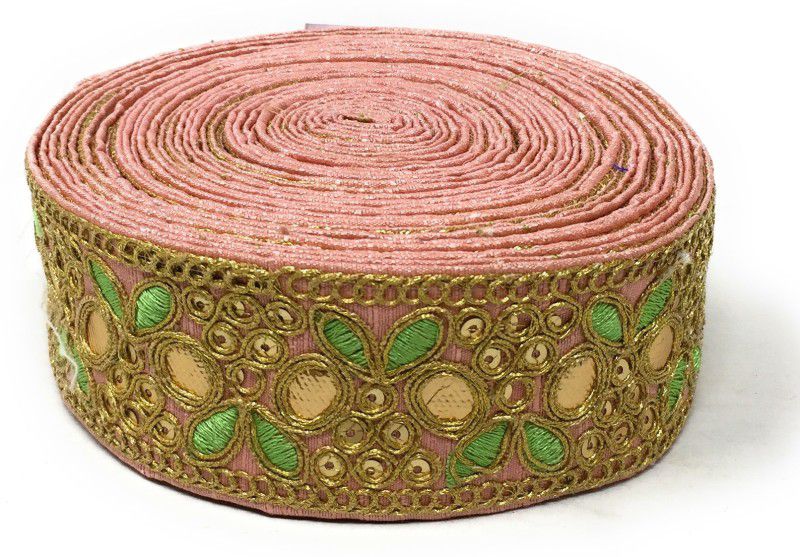 Inhika 9 Meters Lace and Border Material, Green, Gold Sequins and Embroidery in Floral Pattern, Cotton Silk Fabric (2 inches Wide, Pink) Lace Reel  (Pack of 1)