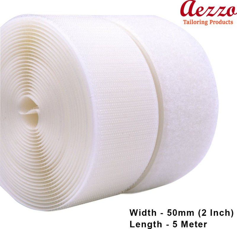 Aezzo 5 Meter White Velcro 2 Inch (50mm) Width Hook + Loop Sew-on Fastener tape roll strips Use in Sofas Backs, Footwear, Pillow Covers, Bags, Purses, Curtains etc. (5 Meter White) Sew-on Velcro  (White)