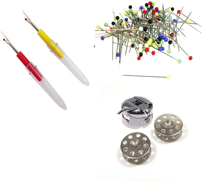 Crafts Haveli 3 Items Combo : 2 Seam Ripper, Round Head Pin Multi, 1 Case 2 Bobbin Sewing Kit
