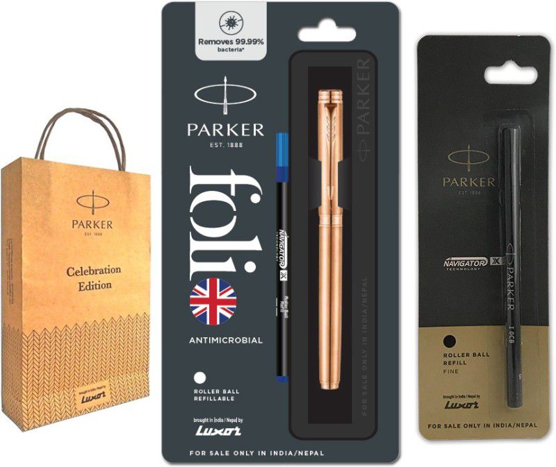PARKER Folio Antimicrobial Roller Ball Pen With Copper Ion Plated and Extra Blue X Navigator Refills Gift Bag Roller Ball Pen  (Blue, Black)