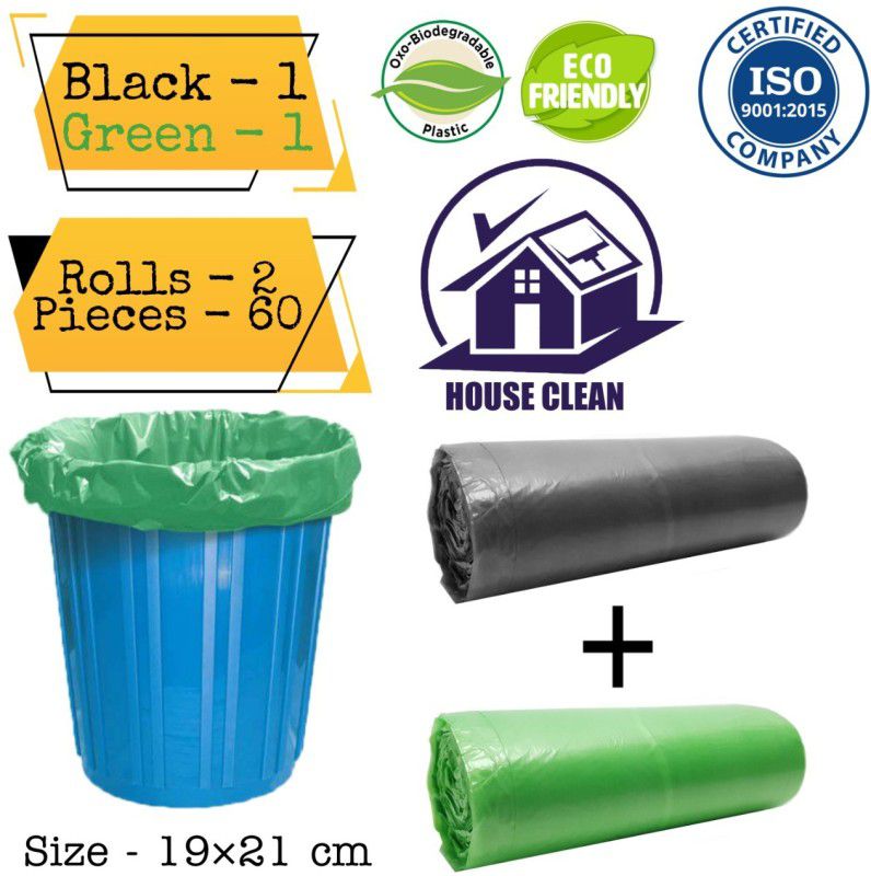 House Clean Biodegradable Bags/Dustbin Bags Black&Green 19X21 Medium Medium 15 L Garbage Bag  (60Bag )