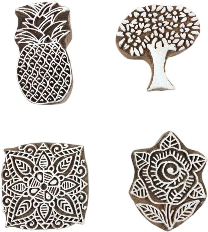 Global Art Traders Indian Beautiful Handcrafted Designs Blocks Set Of 4 Flower Design Block Printing Blocks  (Pack of 4)