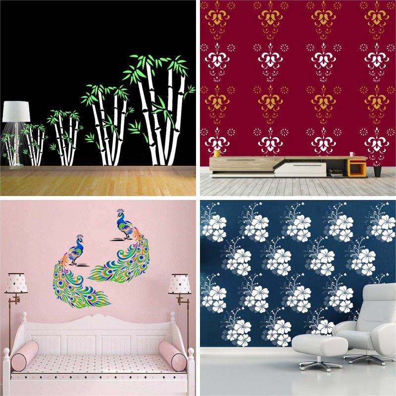 JAZZIKA Painting Wall Stencils PATTERN:- "Bamboo Art", "Rajasthani Festive Art", "Classy Peacock", "Hibiscus Art" Design Ideal For Home Wall Decor Stencil  (Pack of 4, "Note- Jāzzikā Creations Created this Listing")