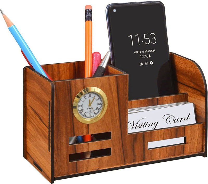 GENIYO 3 Compartments High-quality Wooden Desk Organizer For Pen / Pencil / Mobile And Visiting Card Wooden Pen & Pencil Holder With Watch And Business Card Stand For Office Table  (Brown)