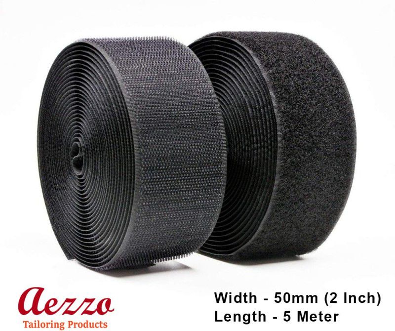 Aezzo 5 Meter Black Velcro 2Inch (50mm) Width Hook + Loop Sew-on Fastener tape roll strips Use in Sofas Backs, Footwear, Pillow Covers, Bags, Purses, Curtains etc. (5Meter Black) Sew-on Velcro  (Black)