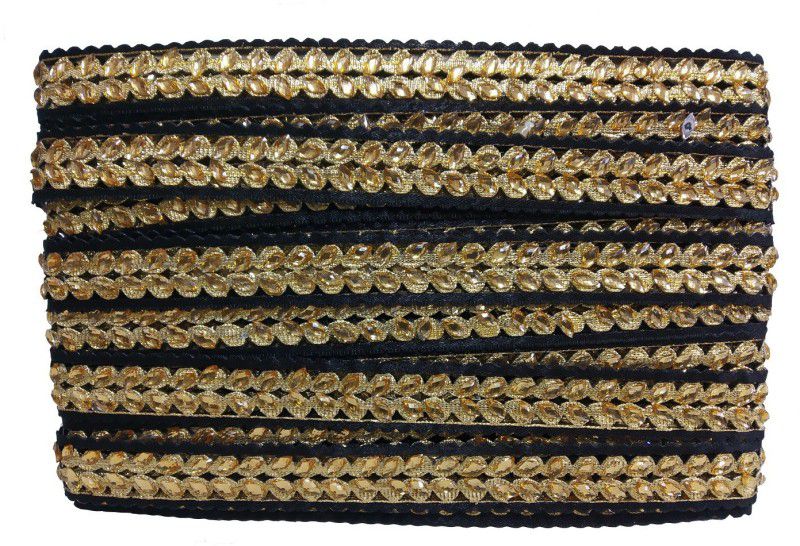 Uniqon CWG0144-01 (9 Mtr) Roll Of Black And Golden Makhhi Stone Gota Patti Embroidery Trim Lace Border with 1.905 cm Width for Saree,suit,dresses Embellishment,fashion Designing,craftworks Lace Reel  (Pack of 1)