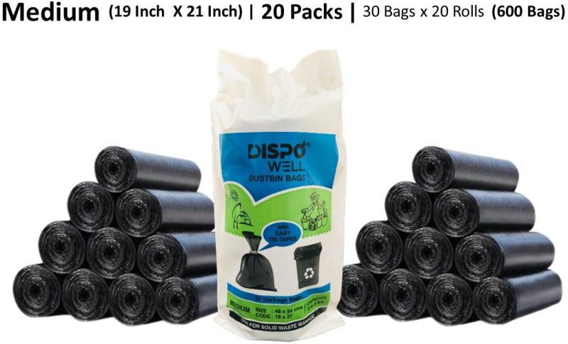 dispowell 19 X 21 Inch | Black Garbage Bag Pack Of 12 With Easy Tie Tap Medium 10 L Garbage Bag  (360Bag )