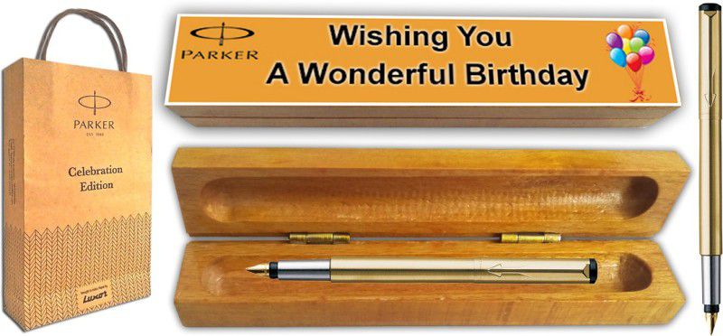 PARKER Vector Gold Fountain Pen With Wooden Birthday Wishing Gift Box and Gift Bag Fountain Pen  (Blue)