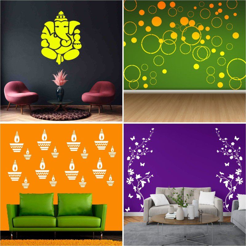 JAZZIKA Wall Stencils (Size :- 16 X 24 Inch) PATTERN- "Ganpati Ji", "World of Circle", "Diya", "Tempting Floral" Design Suitable For Painting Home Wall Decor Stencil  (Pack of 4, "Note- Jāzzikā Creations Created this Listing")