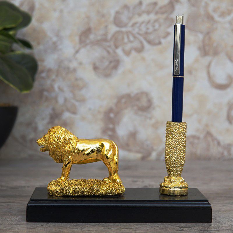StatueStudio 1 Compartments Polyresin Wooden Pen Holder with Lion Idol Desk Organizer Tabletop with Animal Showpiece  (Gold)