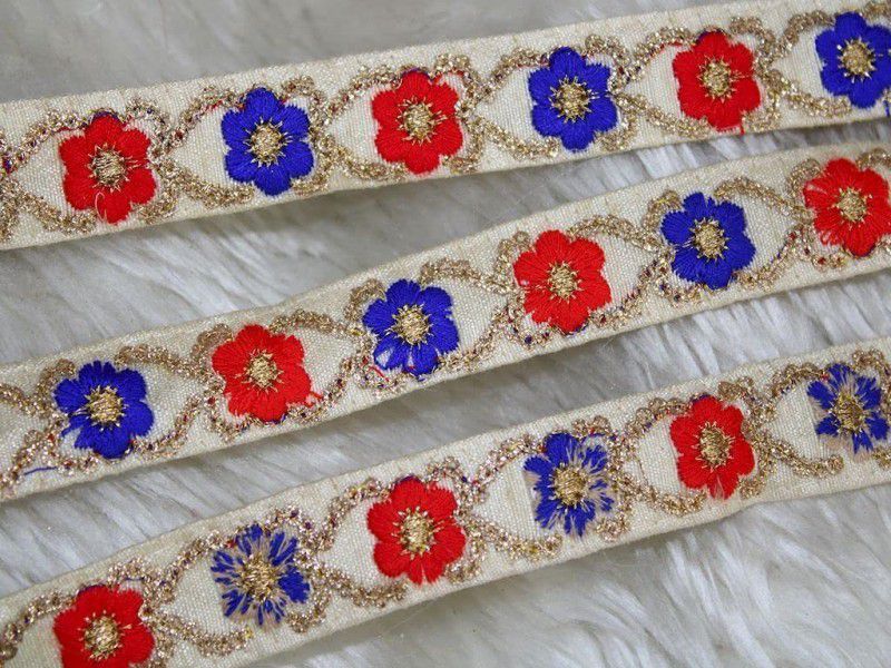 CMHOWLITE Beige Red Blue Fancy Thread Work Embroidered Border, Package of 9 Meter,Width 1 inch (2.54 cm) for Saree, Gowns, Kurtis, Blouses, Art & Craft Work Lace Reel  (Pack of 1)