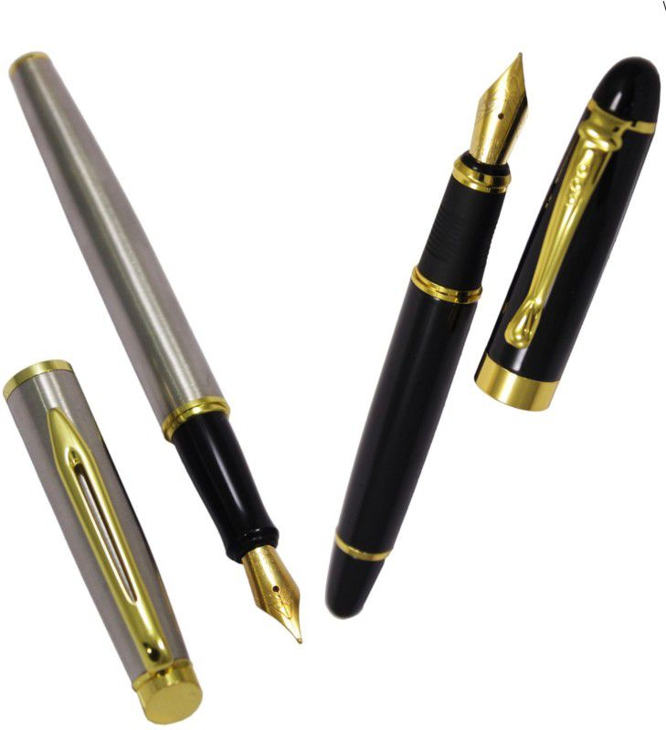 Kings hub Fountain pen with Silver and Black Gold Clip Nib  (Pack of 2, Blue)