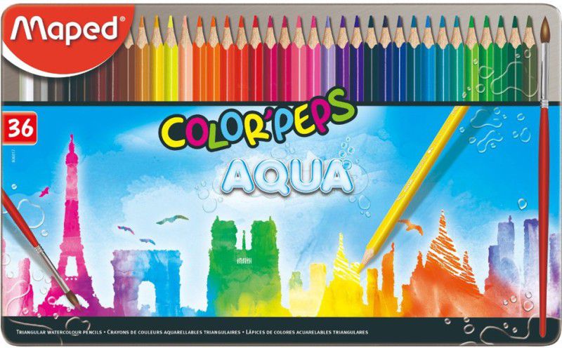 Maped Color'Peps Aqua - Water Color Pencils Metal Box 36 Colors Triangular Shaped Color Pencils  (Set of 1, Multicolor)