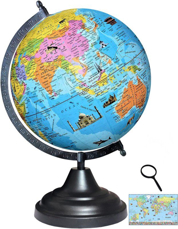 Savy 8 Inch=20.32 cm Globe, 75 mm Magnifying Glass and World Map Chart, Black Arc Base, Multicolor Monuments Map, Blue Ocean for Kids School Home Office Geography World Globe  (8 Inch Blue)