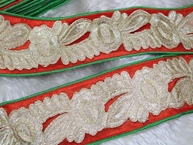 CMHOWLITE Red Green Multicolour Thread Work Embroidered Border, Package of 9 Meter,Width 2.5 inch (6.35 cm) for Saree, Lehenga, Suits, Blouses, Craft Work with Unique Designs Lace Reel  (Pack of 1)