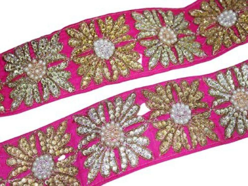 CMHOWLITE Pink Golden Stone Work Embroidered Border, Package of 9 Meter,Width 3 inch (7.62cm) for Saree,Blouse,Dress,Lehenga,zari Thread,chunni, Dupatta,Choli, Decoration Lace Reel  (Pack of 1)