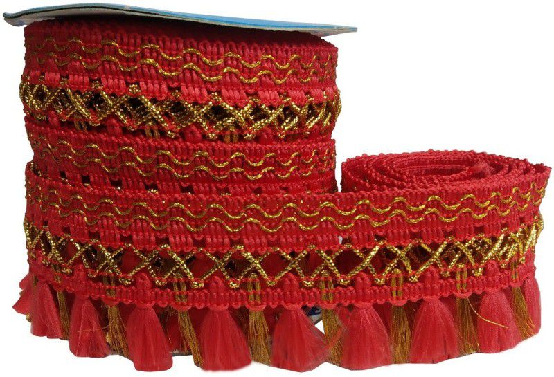 Uniqon CWG0183-03 (9 Mtr) Roll of Red And Golden Jhaadu Gota Patti Embroidery Trim Lace Border with 4.445 cm Width for Saree,suit,dresses Embellishment,fashion Designing,craftworks Lace Reel  (Pack of 1)