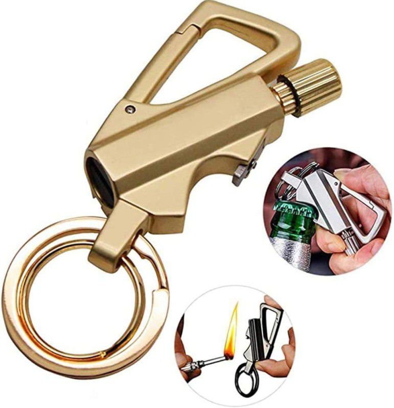 DriZZling Pocket Size Lighter Cum Key Ring Heavy Metal Flint Metal Fire Starter Match And Bottle Opener Car Key Ring Pocket Lighter  (Golden)