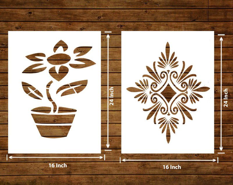Decor now 16-inch x 24-inch Modern Flower AND Pot Pattern Reusable DIY Wall Stencil for Home Decor wall stencil Stencil  (Pack of 2, Modern Flower style AND Pot Pattern)