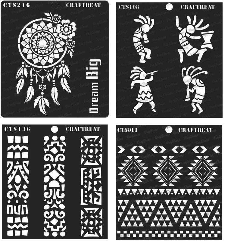 CrafTreat CTS011n108n136n216 Aztec Borders & Kokopelli & Folk Art Borders & Dream Big (Size : 6"x6") Stencil  (Pack of 4, Printed)